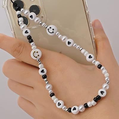Bracelet de téléphone portable brodé avec visage souriant, étoile arc-en-ciel, perles en argile