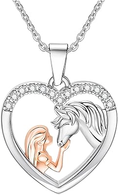 Collier cheval en argent pour filles - pendentif coeur d'amour en acier inoxydable