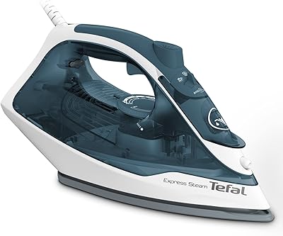 Fer à vapeur tefal express steam 270 ml, 2400 watts, bleu/blanc, cérilium/plastique, fv2831m0