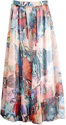 Jupe longue en mousseline de soie florale pour femme, taille élastique, imprimé bohème