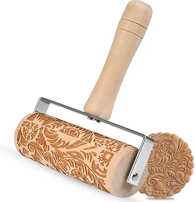Rouleau à pâtisserie gravé en bois delfino avec motif fleur rose 3d gravé