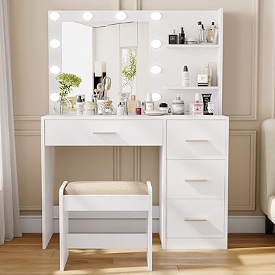 Ensemble coiffeuse de maquillage roforex avec miroir éclairé étagère de rangement et 4