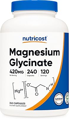 Glycinate de magnésium nutricost 420 mg, 240 gélules - 120 portions, sans ogm