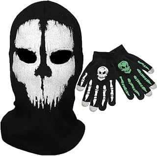 Masque fantôme crâne cagoule qui brille dans le noir, gants squelette, masque facial