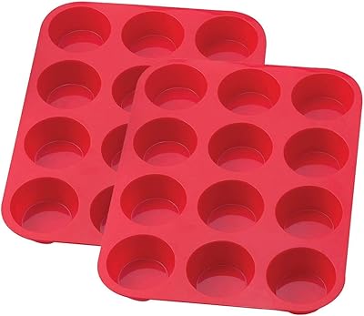 MOULE À MUFFINS ANTIADHÉSIF EN SILICONE DE 12 TASSES - ROUGE, PAQUET