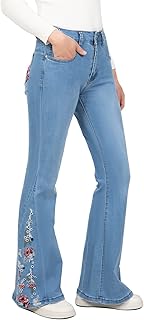 Jean brodé à fond cloche pour femme pantalon en denim extensible