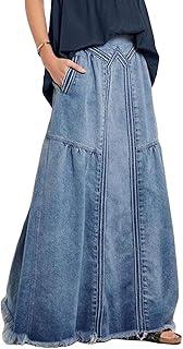 Jupe longue décontractée en jean pour femme avec taille élastique et ourlet trapèze