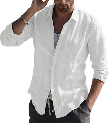 Chemise en coton et lin à manches longues pour hommes coupe ajustée chemises