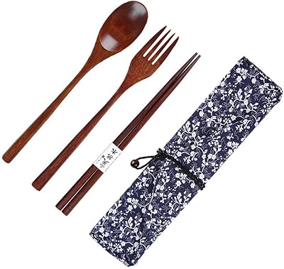 Ensemble de 3 cuillères et fourchettes portables en bois au design japonais coréen