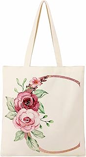 Sac fourre-tout en toile avec lettre initiale florale avec 2 poches intérieures, cadeau