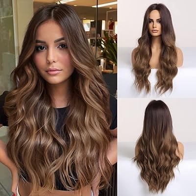 Perruques de cheveux synthétiques ondulés longs bruns bouclés pour femmes perruque