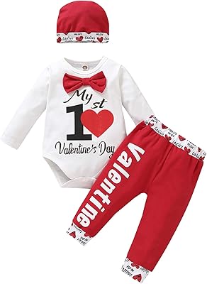 3 pièces nouveau-né bébé garçon saint valentin, barboteuse à nœud, pantalon long, chapeau