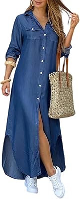 Robe décontractée en jean pour femme, coupe ample, fermeture boutonnée et poches