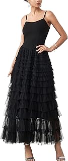 Robe longue en tulle pour femmes, bretelles spaghetti, couches, volants moelleux, robe longue