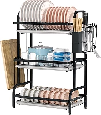 Égouttoir à vaisselle 3 niveaux avec porte-ustensiles et planche découper égouttoir de cuisine