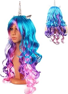 Perruque de cosplay longue bouclée princesse licorne arc-en-ciel pour femme, adaptée pour un usage