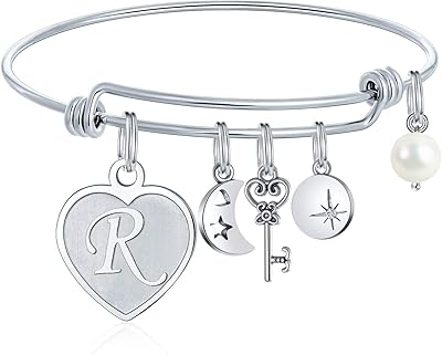 Bracelets avec pendentif initiales pour femmes - 26 initiales gravées, bracelet en acier