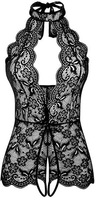 Lingerie une pièce en dentelle pour femmes, nuisette sexy, col licou, vêtements