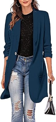 Blazer long décontracté pour femmes avec volants, manches 3/4, blazer surdimensionné à revers