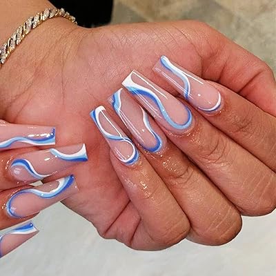 Extra long press on nails faux ongles bleu marine couverture