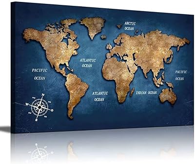 Peinture sur toile avec un motif de carte du monde de couleur bleu