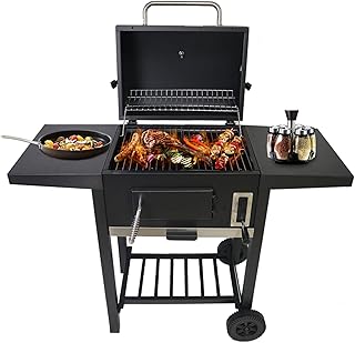 Gril à charbon portable d'extérieur réglable avec 2 étagères de table d'appoint, jauge