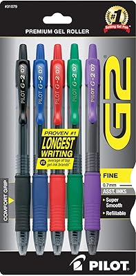 Stylo gel rechargeable pilot g2 premium à pointe fine, noir/bleu/rouge/vert/violet, paquet de 5