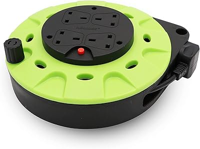 Enrouleur de rallonge d'alimentation edmore vert et noir avec 4 connecteurs de câble