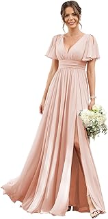 Robe formelle longue en mousseline de soie, col en v, manches fendues