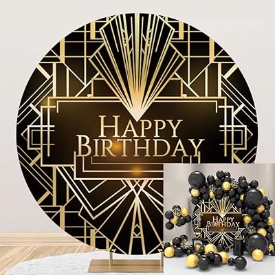 Oerju 5x5 pieds toile de fond ronde d'anniversaire géométrique noir graphiques irréguliers lignes