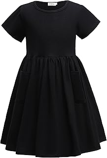 Robes plissées trapèze décontractées à manches courtes, couleur unie, pour filles avec poches