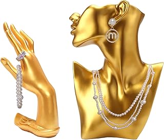 Présentoir à bijoux pour colliers et boucles d'oreilles mannequin dorés, lot de 2
