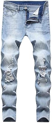 Jean droit déchiré coupe slim pour homme avec taille confortable et élastique