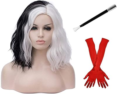 Perruque bob courte bouclée pleine longueur aux épaules pour femme, costume cruella