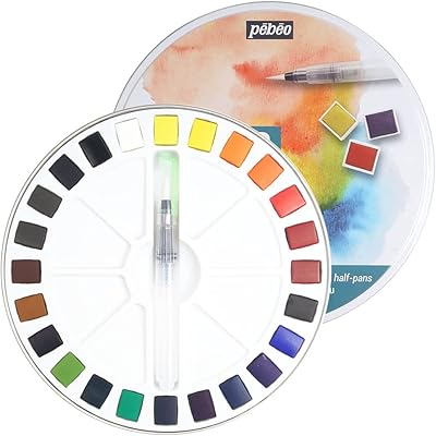 Pebeo 300078 boîte ronde en métal pour aquarelle avec 24 demi-godets, couleurs assorties