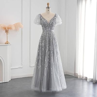 Robe de soirée champagne élégante, col en v, manches bouffantes, argent, longues robes