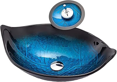 Lavabo de salle de bain en verre trempé blue leaf, vasque de comptoir