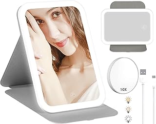 Miroir de maquillage de voyage pliable à 360 degrés, éclairé par led