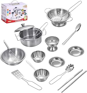 Ensemble de batterie de cuisine en acier inoxydable de 16 pièces, mini jouets