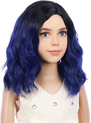 Perruque pattnium noire bleue pour enfant, perruque courte ondulée bleu foncé pour enfants