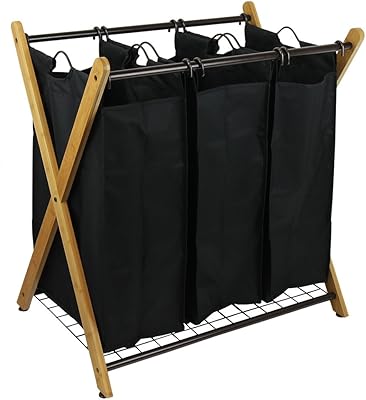 Trieur de linge à 3 sacs en bambou oceanstar xbs1484, noir, 29,75"h x