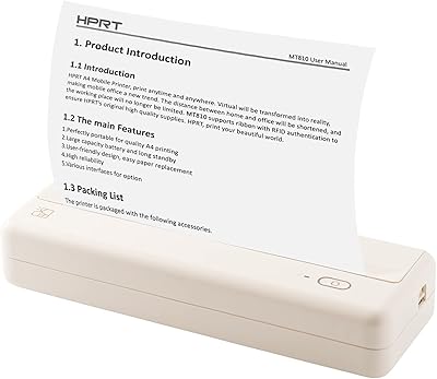 Imprimante papier portable moness mt810 a4, impression thermique sans fil bluetooth, compatible
