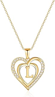 Collier avec initiales en forme de cœur pour femme, plaqué or 14 carats
