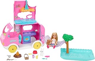 Ensemble de jeu chelsea 2-en-1 de barbie camper, avec mini-poupée, 2 animaux