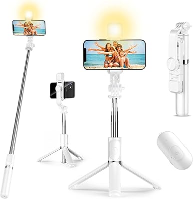 Trépied perche à selfie portable avec télécommande bluetooth et 3 modes d'éclairage