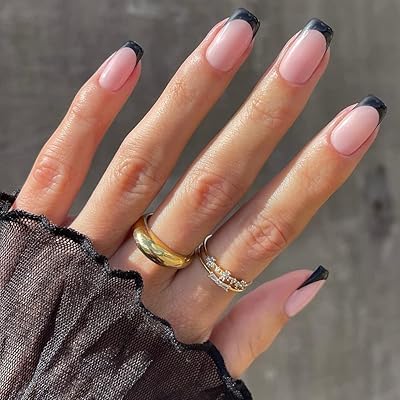 Faux ongles noirs à pression française, faux ongles carrés moyens, couverture complète, faux