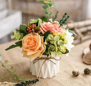 Fleurs artificielles fausses fleurs en soie, bouquets de décoration avec vase en céramique
