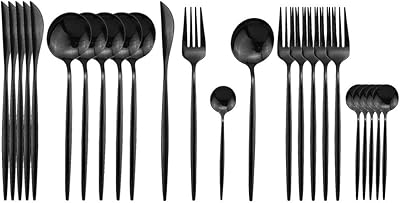 Jashii ensemble de couverts noirs 24 pièces, ensemble de couverts argentés en acier