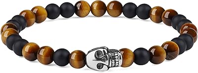 Bracelet tête de mort pour homme avec perles d'onyx mat et pierres dures