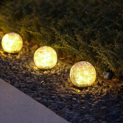 Lampes solaires de jardin, boule de verre craquelée étanche, lumière led blanche chaude